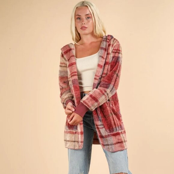VERY J Fuzzy Plaid Long Sleeve Hooded Jacket - Picture 6 of 7